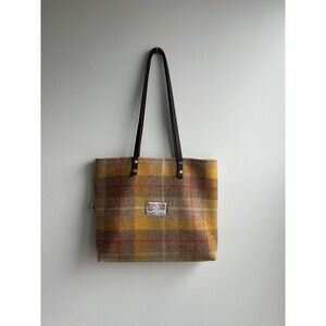 HARRIS TWEED 100% Wool Plaid Tote Shoulder Bag Yellow Purse w/ Leather Straps